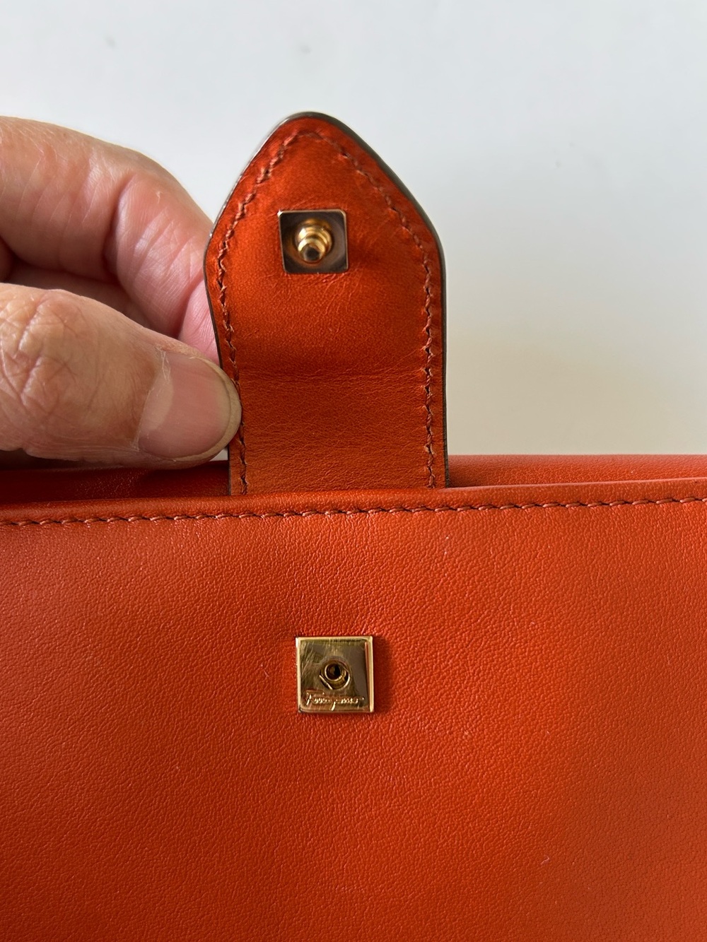 Salvatore Ferragamo Orange Leather Clasp Wallet with Gold Hardware - Picture 3 of 10